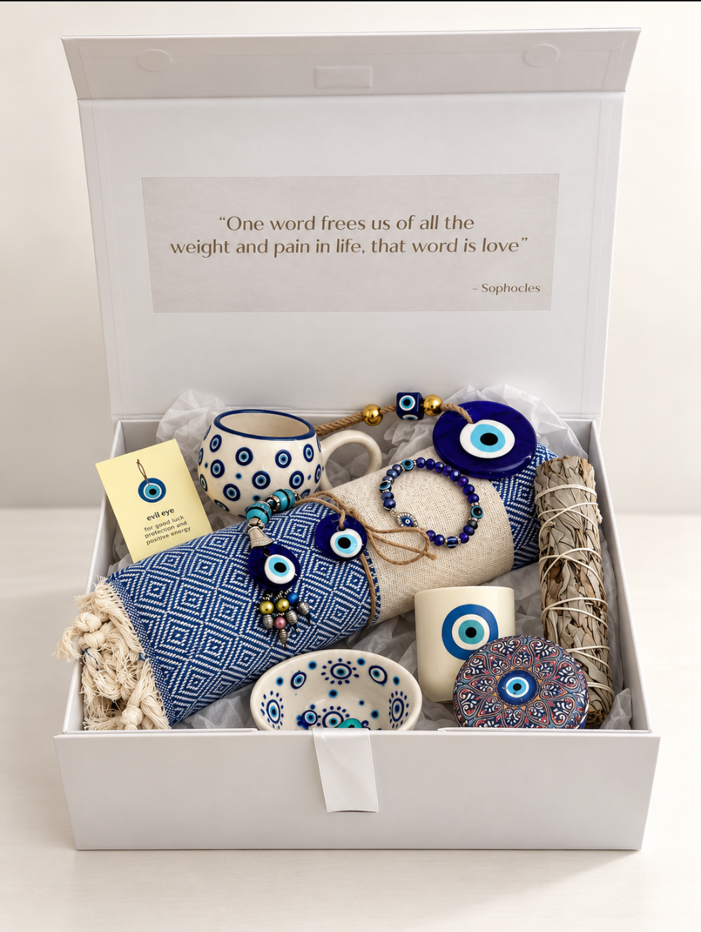 Be Protected evil eye gift hamper in blue and white with Turkish towel, evil eye mug, candle and protection stone in a Hamp It Up gift box
