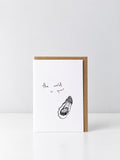 See Aiche greeting card reading “the world is your” above a hand-drawn oyster, with a kraft envelope