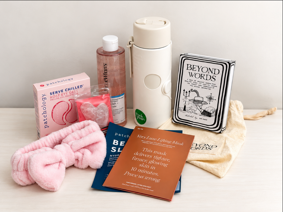 Wellness pamper hamper for her in a white keepsake box with frank green bottle, rose quartz gua sha, Patchology eye gels and masks, affirmation cards and pink headband