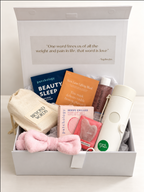 Wellness pamper hamper for her in a white keepsake box with frank green bottle, rose quartz gua sha, Patchology eye gels and masks, affirmation cards and pink headband
